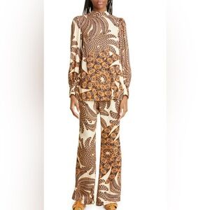 NWT Farm Rio Yawanawa Banana Print Flare Pants and Shirt (set) In Sand Yawanawa